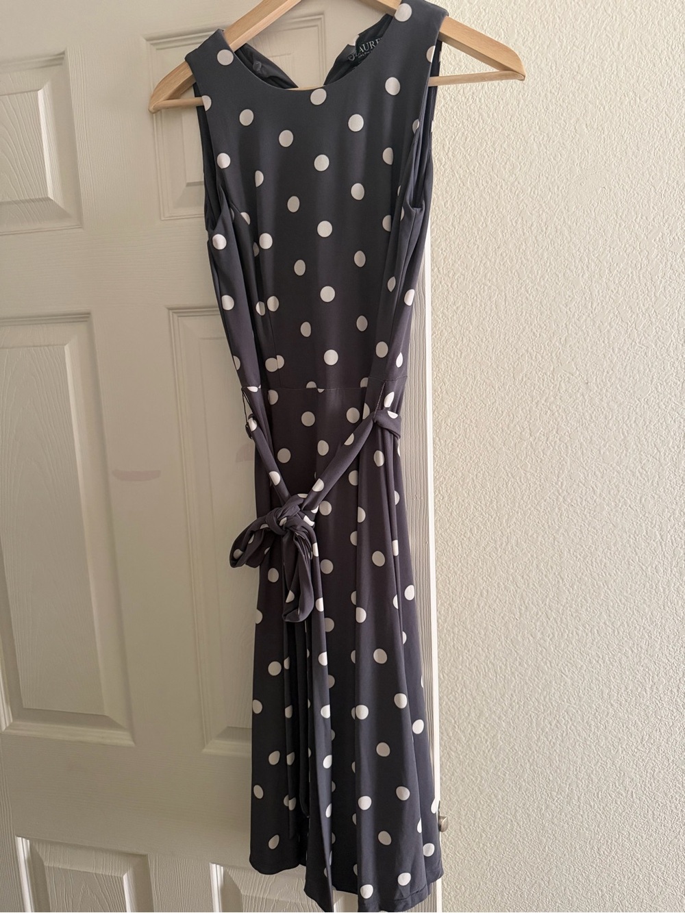 Ralph Lauren Navy and White Polka Dot Sleeveless Midi Dress